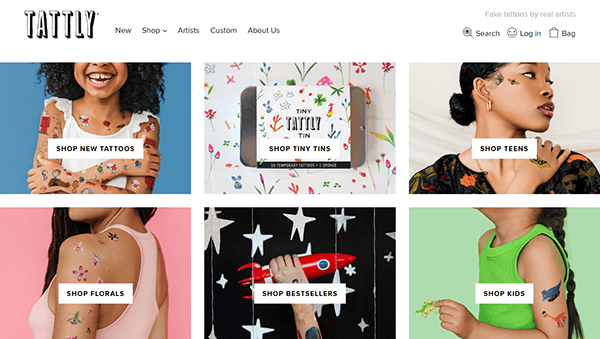 Discover our website's homepage, a showcase of vibrant fake tattoo categories. Explore new designs, tiny tins, florals, teens favorites, bestsellers, and kids' picks—all beautifully displayed by enthusiastic fans. Perfectly curated for those seeking inspiration from the best small business websites.