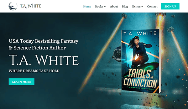 Website header for USA Today bestselling fantasy and science fiction author T.A. White, featuring the book cover of "Trials of Conviction" with a spaceship in the background and links to various sections.