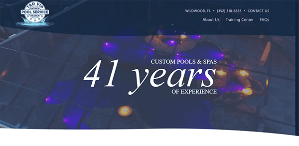 Website banner for VIP Pool Service featuring a dark blue overlay, illuminated custom pools and spas, and text highlighting "41 years of experience" in Wildwood, FL. Contact information is listed.