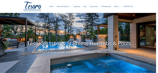 Outdoor scene featuring luxury stainless steel hot tubs and a pool, surrounded by trees and modern architecture. Text on the image reads "Tesoro® Luxury Stainless Hot Tubs & Pools.