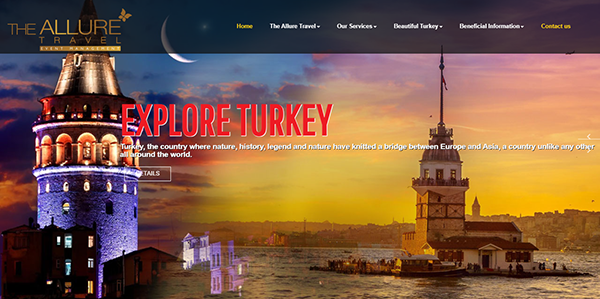 Website header for 'The Allure Travel' with a large banner image of Turkey, including prominent landmarks and the text, "Explore Turkey: a country unlike any other around the world.