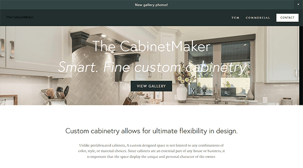 Screenshot of a website for "The CabinetMaker" featuring an image of a kitchen with custom cabinetry and text promoting their services.