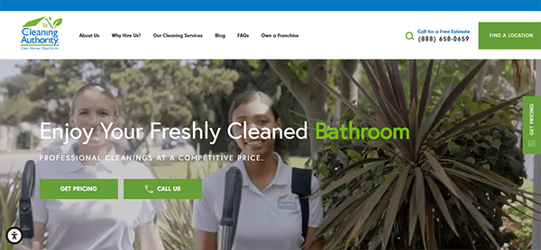 Two cleaning service employees in uniforms stand near plants, with text promoting professional cleaning services and options to get pricing or call for details.