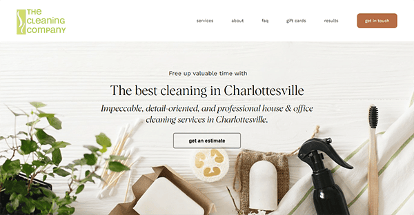 Website homepage of The Cleaning Company, promoting house and office cleaning services in Charlottesville. Features a contact button, service links, and an aesthetic layout with cleaning supplies imagery.