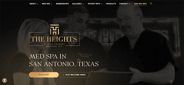 A webpage for "The Heights Plastic Surgery Medical Spa" in San Antonio, Texas showcasing three staff members and navigation options for services and booking.