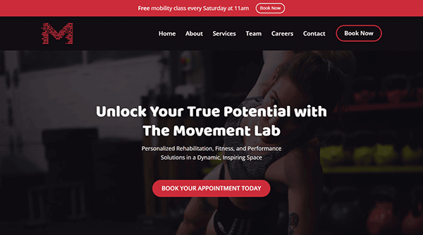 Homepage of The Movement Lab website featuring a header about personalized rehabilitation, fitness, and performance solutions with a "Book Now" button and promotional banner for free mobility classes.