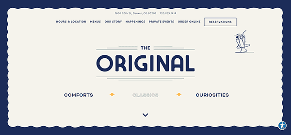 Restaurant website homepage with navigation links, contact information, and a centered title that says "The Original." There are sections labeled "Comforts," "Classics," and "Curiosities.