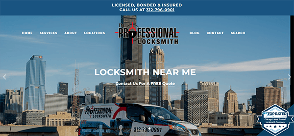 Homepage of The Professional Locksmith displaying their van against a cityscape, contact number, and navigation menu. A badge indicates "Top Rated" service.