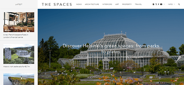 A website features an article titled "Discover Helsinki's green spaces: from parks to plates" with an image of a greenhouse and surrounding gardens. The navigation bar includes categories like news, architecture, and art.