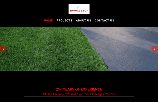 Image showing the website header for Thomas & Son Paving. It includes navigation links for Home, Projects, About Us, Contact Us, and a slogan stating "25+ Years of Experience. Skilled Paving Craftsman in Prince Georges County.