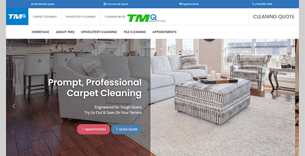 Screenshot of a carpet cleaning service website. It features a banner with "Prompt, Professional Carpet Cleaning" text, a living room image with clean carpet, and navigation links at the top.