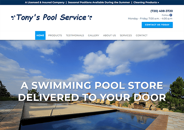 Tony's Pool Service website homepage featuring a pool, contact details, and navigation menu.