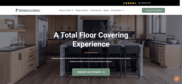 Modern kitchen showroom with a banner for Total Flooring company, featuring promotional text and buttons for requesting an estimate.