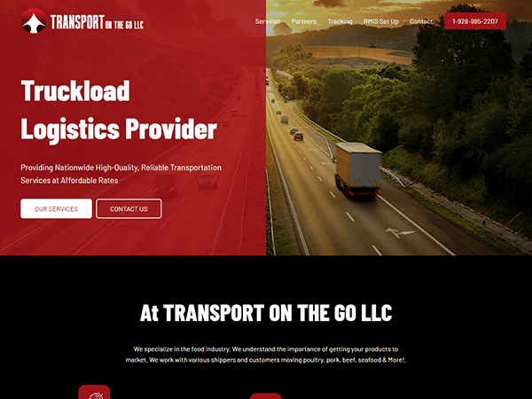 Screenshot of a logistics company's website. It features a truck on a highway, logos, company name, contact information, and service descriptions showcasing mechanical solutions for providing nationwide transportation services.