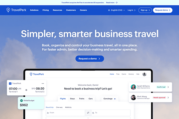 The TravelPerk homepage highlights premier business travel solutions tailored for modern enterprises. Featuring a demo request button, it presents a sleek dashboard with essential flight booking and budget data, positioning itself among the best travel agency websites for corporate needs.