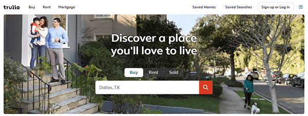 A real estate website homepage shows a search bar for properties in Dallas, TX, with options to buy, rent, or sell. A family stands on a staircase to the left, and a person walks a dog on the right.