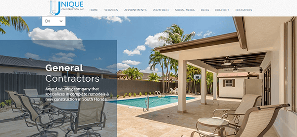 Website interface for Unique Construction Inc showcasing a backyard pool and patio area, emphasizing their specialization in remodeling and new construction services in South Florida.