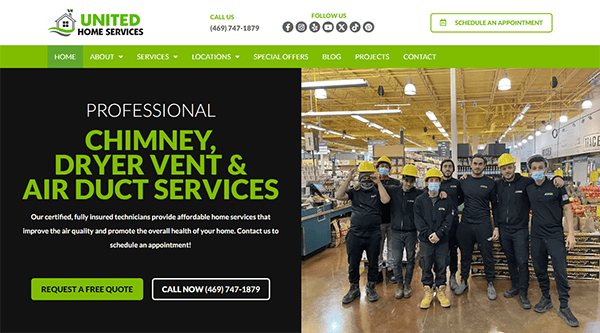 An image of the United Home Services website homepage. Several technicians in uniform and hard hats are pictured, promoting chimney, dryer vent, and air duct services. Contact information is provided.