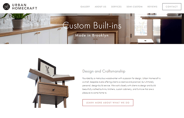 Screenshot of Urban Homecraft's website showcasing custom built-ins made in Brooklyn, a photo of a wooden cabinet, and a description of their design and craftsmanship services.