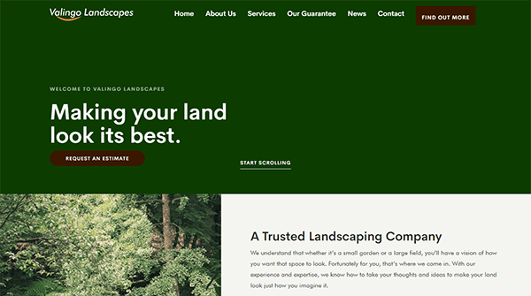 A webpage for Valingo Landscapes featuring a green header with navigation links, a call to action for an estimate, and a description of the company's landscaping services.