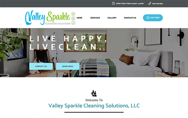 The homepage of Valley Sparkle Cleaning Solutions' website, featuring a clean, modern design. The main banner says, "Live Happy, Live Clean," with options to contact or book now.