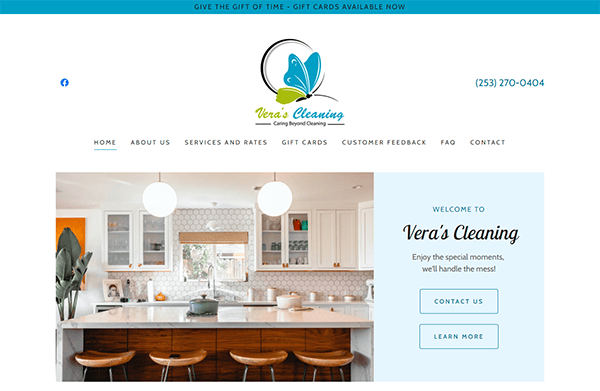 Screenshot of Vera's Cleaning website featuring a modern kitchen with white cabinets and a promotional banner offering gift cards. Contact number (253) 270-0404 is displayed at the top.