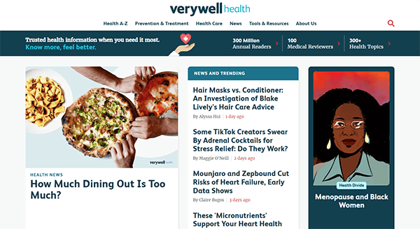 Screenshot of a Verywell Health webpage featuring articles on health topics. The main article discusses dining out habits, with additional articles on hair masks, TikTok creators' advice, and menopause.