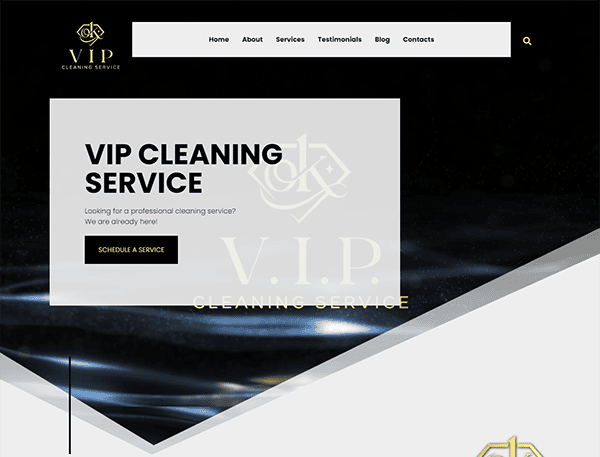 Website homepage of VIP Cleaning Service featuring a banner with the company name, a slogan, navigation menu items, and a "Schedule a Service" button. The background has a sleek black and gold design.