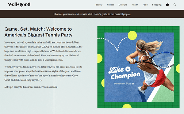 Image shows a webpage featuring a headline about a tennis event, with a promotional section for Well+Good. The right side displays an advertisement showing a woman playing tennis with the text "Like a Champion.