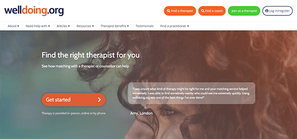 Screenshot of Welldoing.org homepage showing the options to find a therapist, coach, or join as a therapist, with a testimonial from a user and an orange "Get started" button.