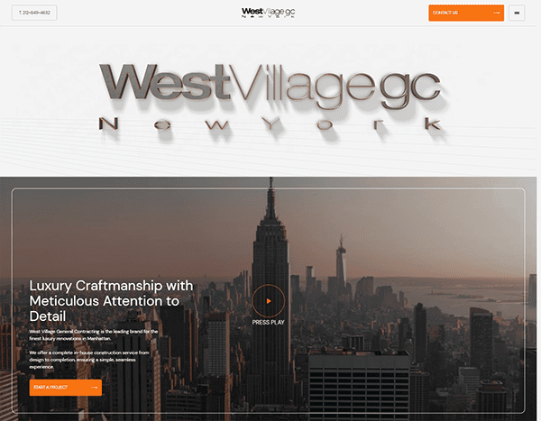 Screenshot of West Village GC's website homepage featuring the company logo, contact button, and an image of the New York City skyline with promotional text about their luxury craftsmanship services.