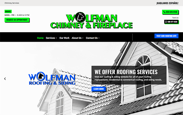 A screenshot of a roofing and chimney service company's website with contact info, business hours, and a navigation menu. A promotional banner for roofing services is also visible.