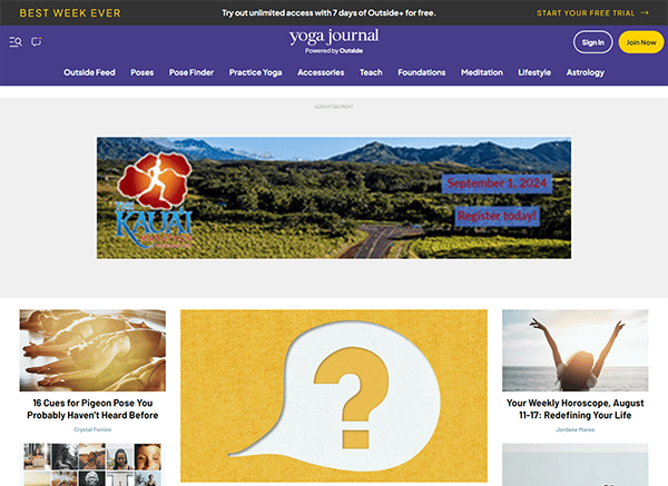 Screenshot of the Yoga Journal homepage featuring an advertisement for a retreat, a headline about yoga poses for beginners, a horoscope section, and various other yoga-related articles.