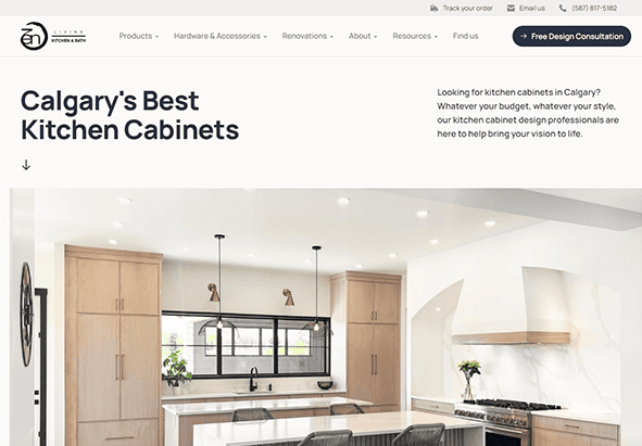 Website homepage for a kitchen cabinet company featuring a text headline "Calgary's Best Kitchen Cabinets" and an image of a modern kitchen with wooden cabinets, a central island, and hanging lights.