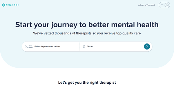 Zencare website homepage with a search bar to find therapists by location and preference (in-person or online).Headline: "Start your journey to better mental health.