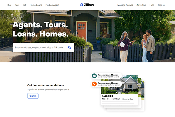 The Zillow homepage displays the heading "Agents. Tours. Loans. Homes." and includes a search bar, property listings, and a sign-in section. A real estate agent stands with clients in front of a house.