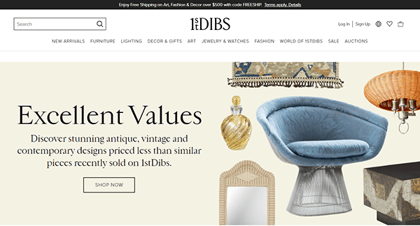 Screenshot of the 1stDibs website homepage showcasing various furniture pieces and home decor. A banner reads "Excellent Values" promoting antique, vintage, and contemporary designs at discounted prices.