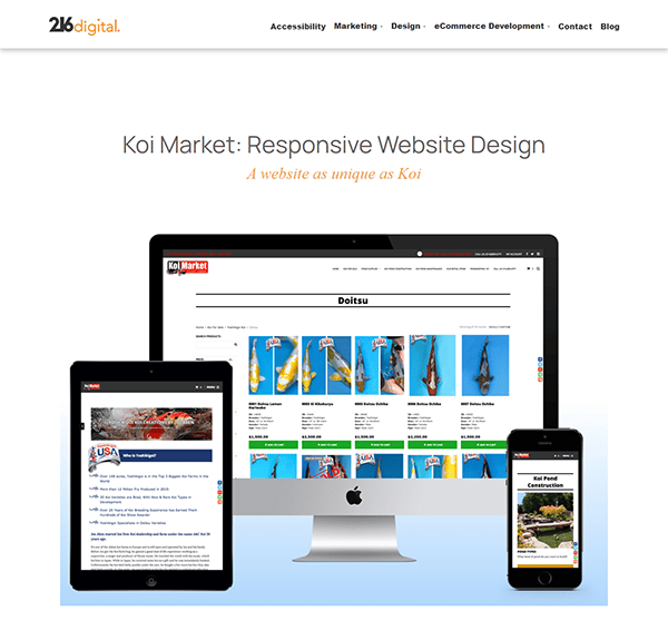 A website displayed on a desktop computer, tablet, and smartphone, showcasing a design for Koi Market by 216 digital. The page features various koi fish listings.