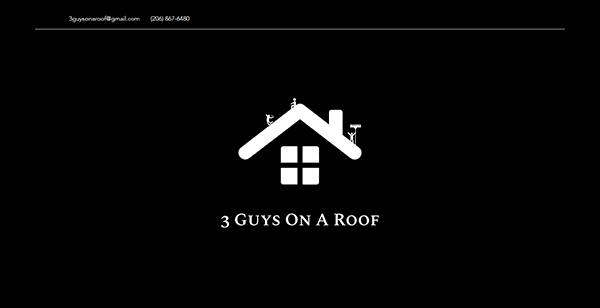 Logo for "3 Guys on a Roof," featuring a minimalist icon of a house with three workers on the roof. Contact information is provided in the top left corner.