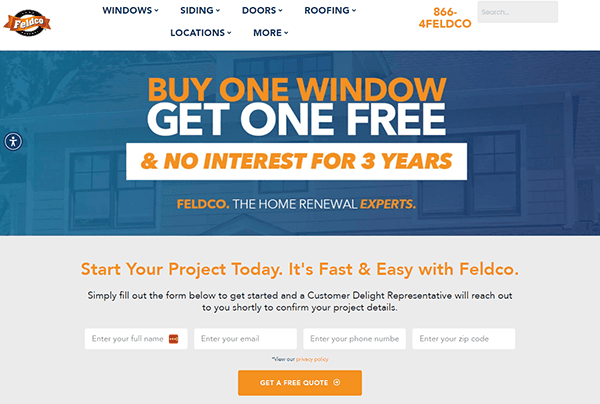 Advertisement for Feldco windows with a "Buy one window, get one free" offer and no interest for three years. Includes form fields for name, email, phone, and zip code for a free quote.