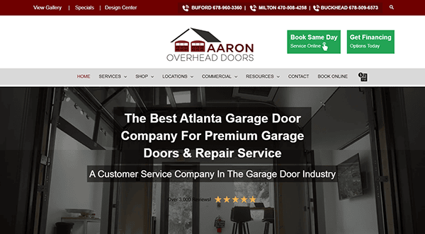 Visit Aaron Overhead Doors, your premier garage door company. Our expertly crafted website showcases top-notch services, convenient locations, and easy contact options. Explore our best garage door website to book a service or explore financing options today!.