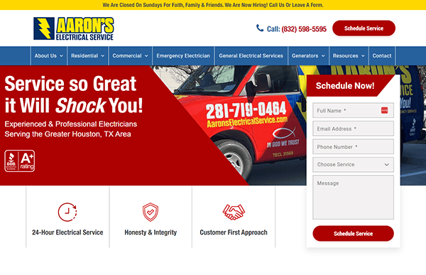 Screenshot of Aaron’s Electrical Service website featuring a red and blue van, contact information, and a slogan. Sections include services, credentials, and a schedule form. .