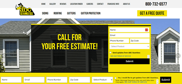 Screenshot of ABC Seamless's website showing a call to action for a free estimate. The form requests name, email, phone number, zip code, and product selection. Contact details are at the top right.