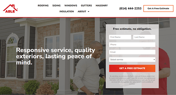 A home exterior service website with two people standing by a house. There is a form for a free estimate on the right and the company logo "ABLE" at the top left.