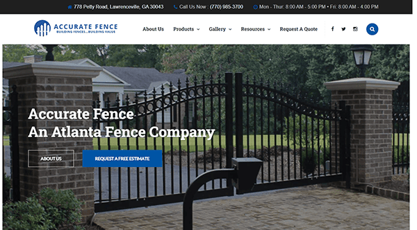 Screenshot of Accurate Fence's website showing a large gate in front of a house. The website offers information about their fencing products and services, with options to get a free estimate or contact them.