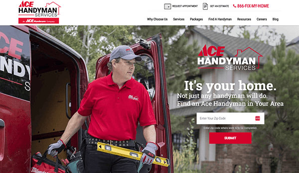 A handyman in a red shirt and cap is stepping out of a red van holding tools. Text reads, "Ace Handyman Services. Find an Ace Handyman in Your Area" with an input field and submit button.