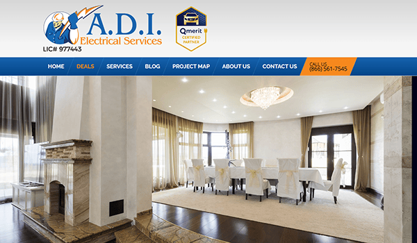 Homepage of A.D.I. Electrical Services website showing a spacious, modern dining room with a chandelier, a fireplace, and large windows. Navigation menu includes Home, Deals, Services, Blog, Project Map, About Us, and Contact Us.