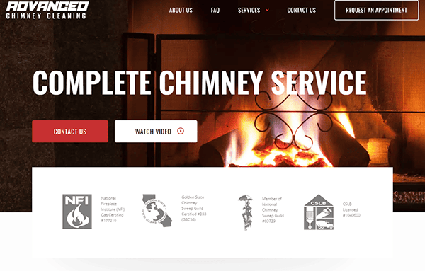 Website homepage for Advanced Chimney Cleaning. The image shows a burning fireplace with the text "Complete Chimney Service" and buttons for "Contact Us" and "Watch Video." Company certifications are displayed below.