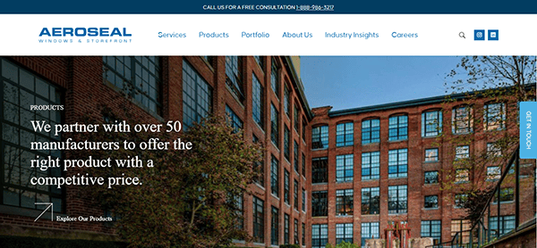 A screenshot of Aeroseal's website homepage featuring a red-brick building with large windows. The text highlights their partnership with over 50 manufacturers to offer competitively priced products.