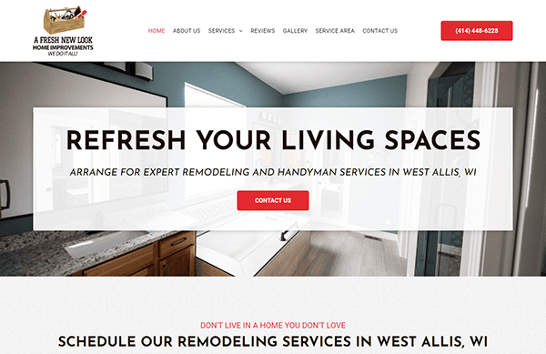 Screenshot of a home improvement website's homepage featuring a banner with a call to action: "Refresh Your Living Spaces. Arrange for expert remodeling and handyman services in West Allis, WI.